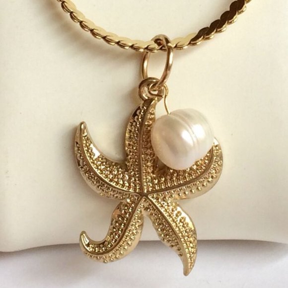 Starfish Pearl Necklace 23" Gold Plated Sea life Island Freshwater White - Picture 3 of 10
